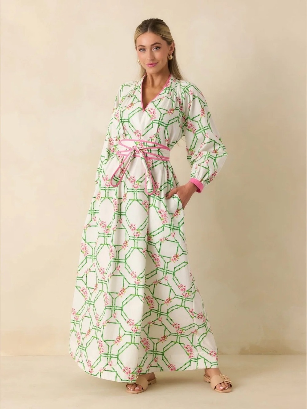 Pink & Green Floral Maxi Dress with Tie Waist